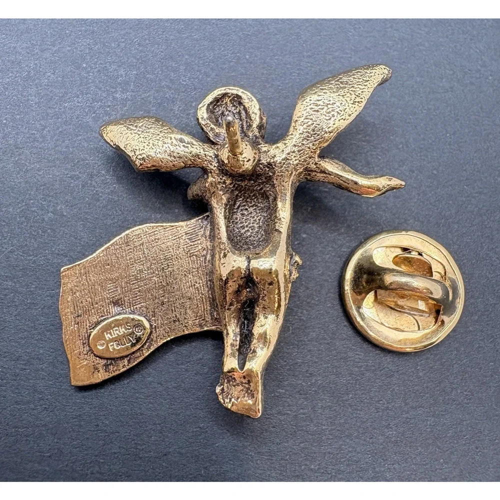 Vintage Kirks Folly American Flag USA Cherub Angel‎ Pin Brooch Gold Tone